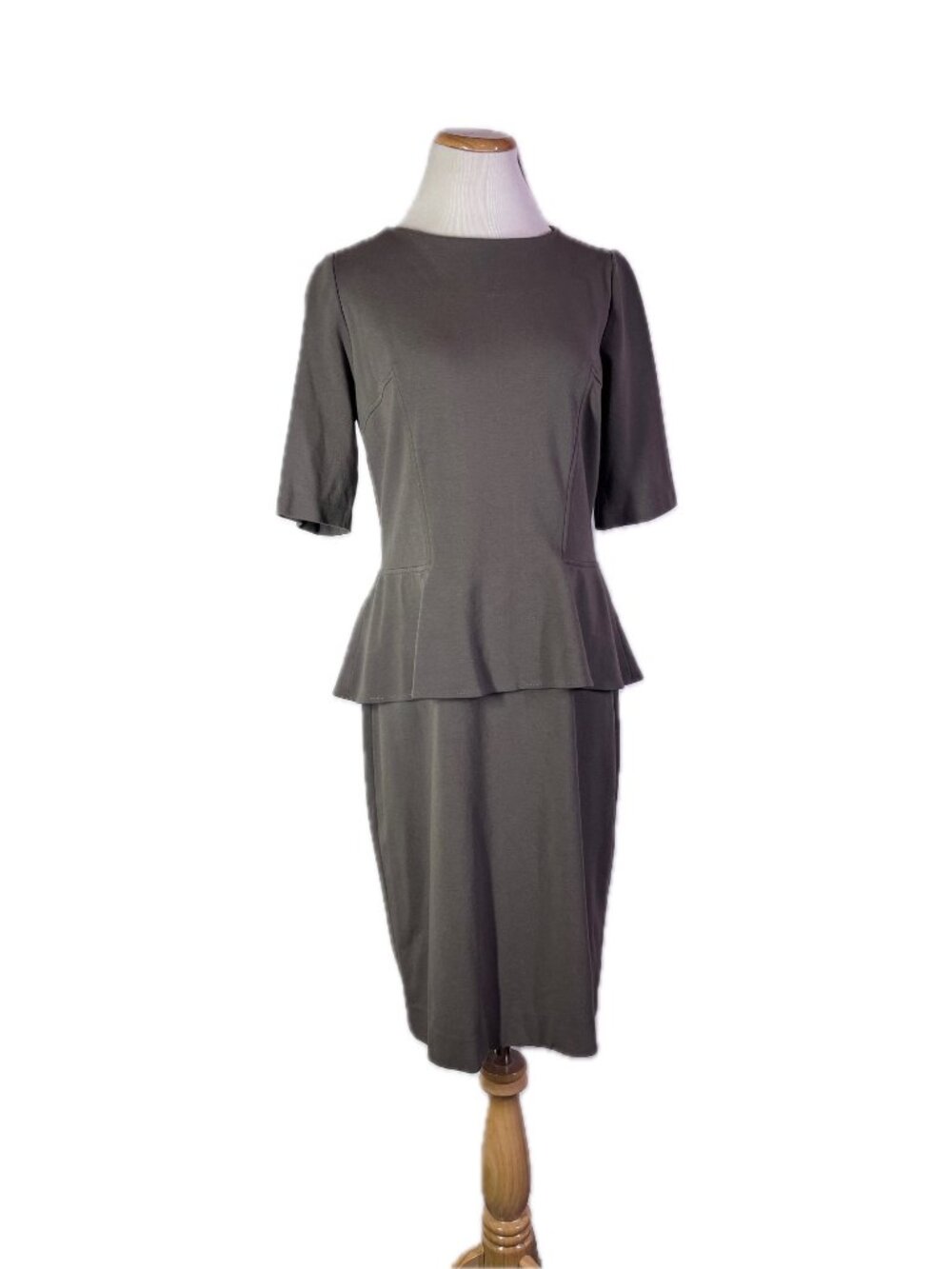 Lafayette 148 Size 12 Peplum Dress Stretch Knit Brown Short Sleeve